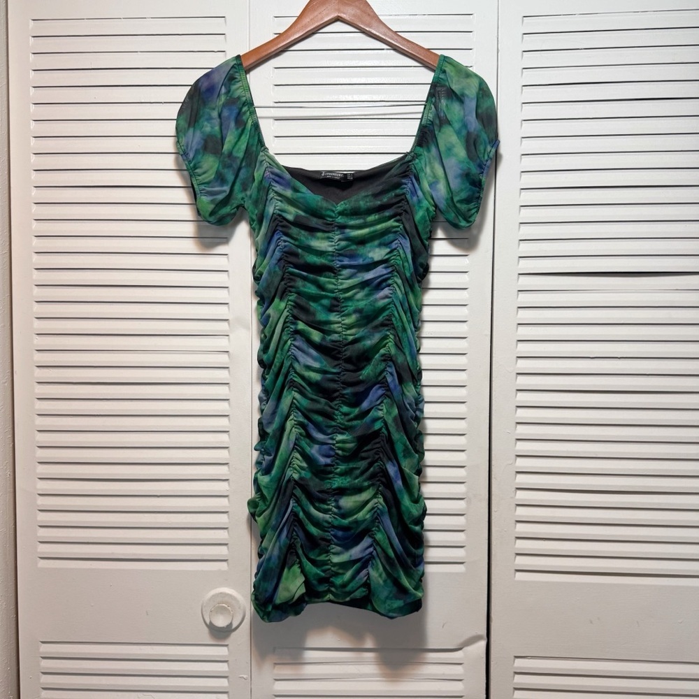 Stradivarius Deep Watercolor Green Blue Bodycon Dress Short Puff Sleeve Size S